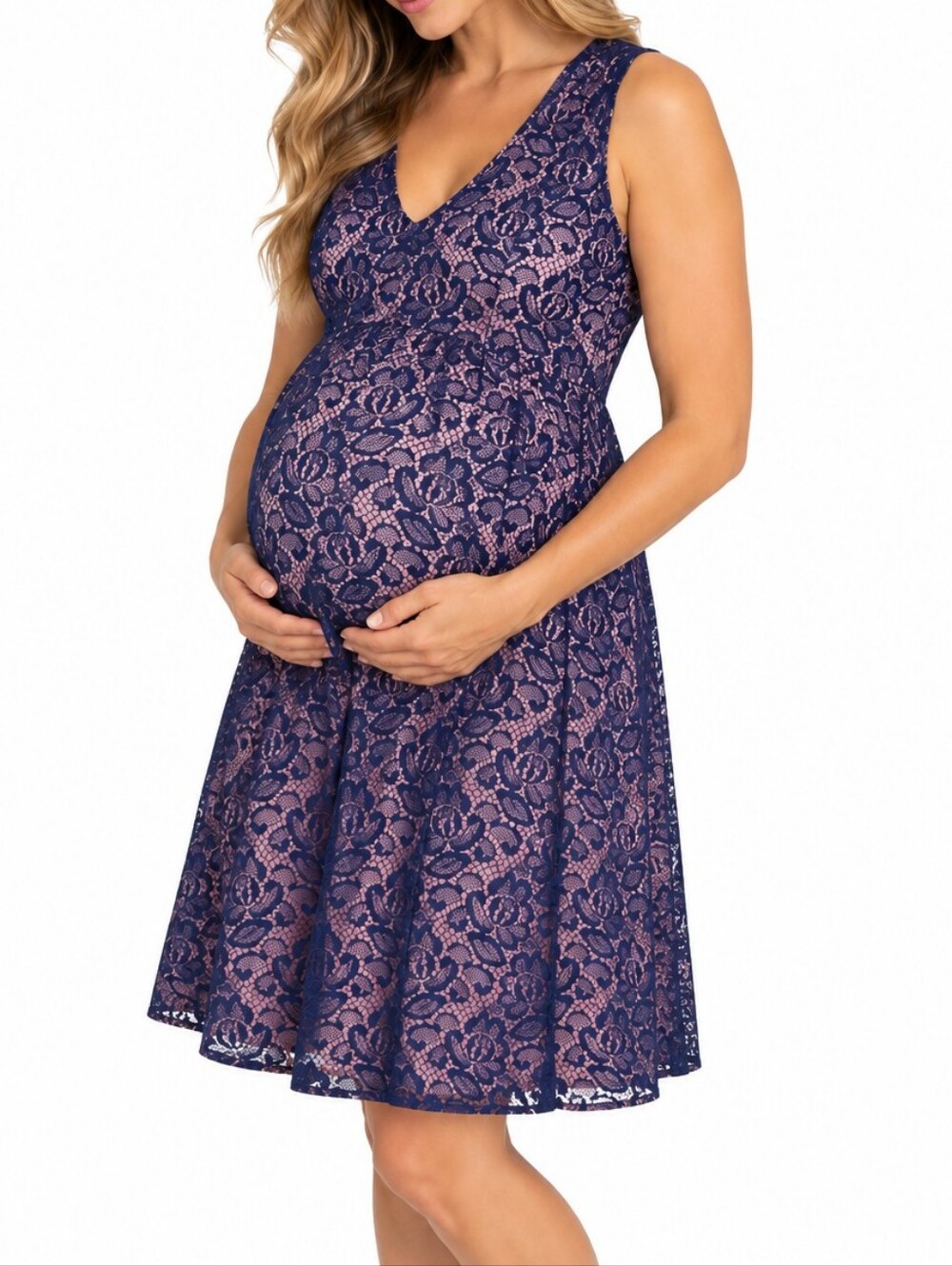 MOTHERHOOD | Women's Navy Blue & Pink Floral Lace Maternity Dress. Size S